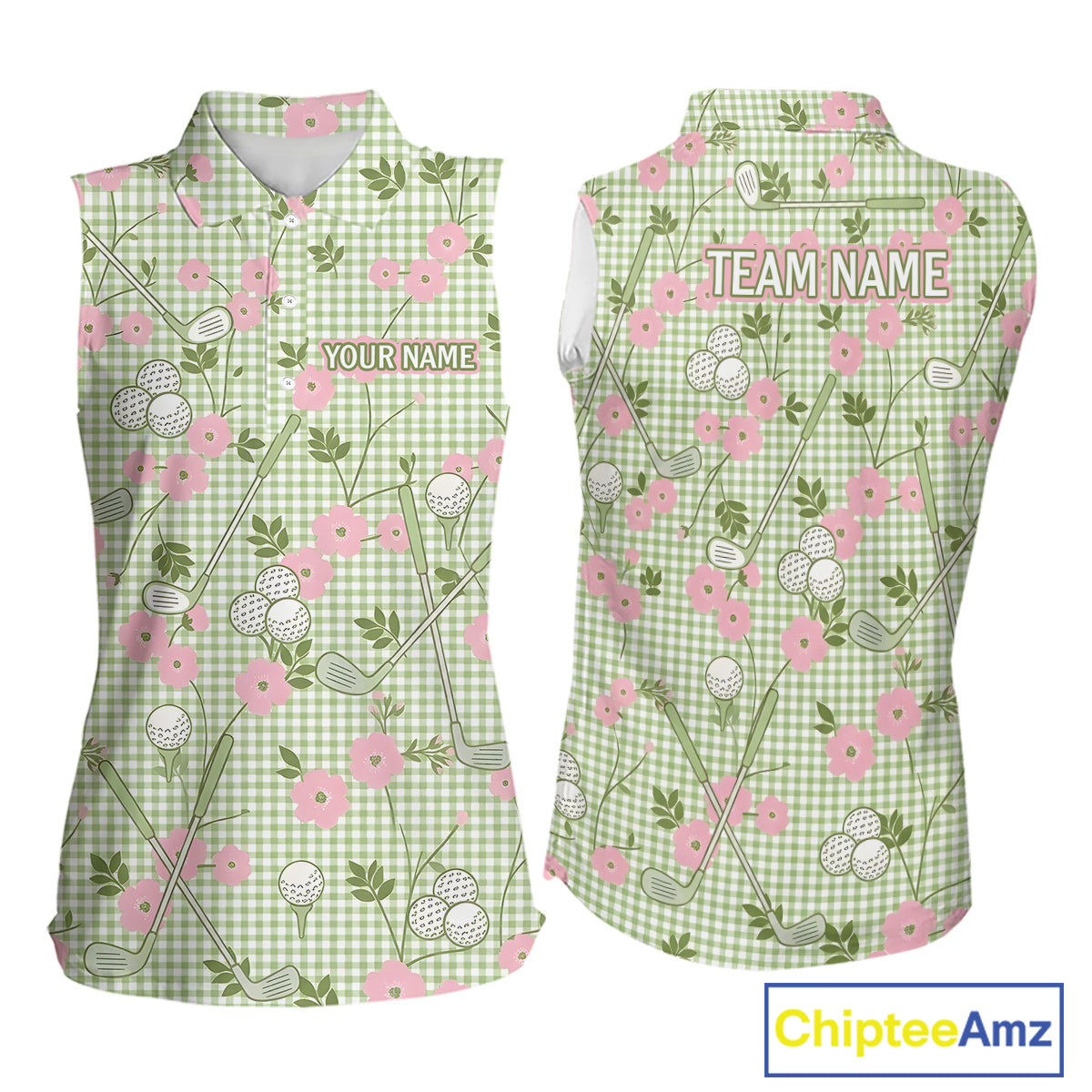 Floral Golf Womens Sleeveless Polo Shirt Personalized Gingham Golf Shirt Custom Name Cute Golf Outfit Golf Gift NHT688