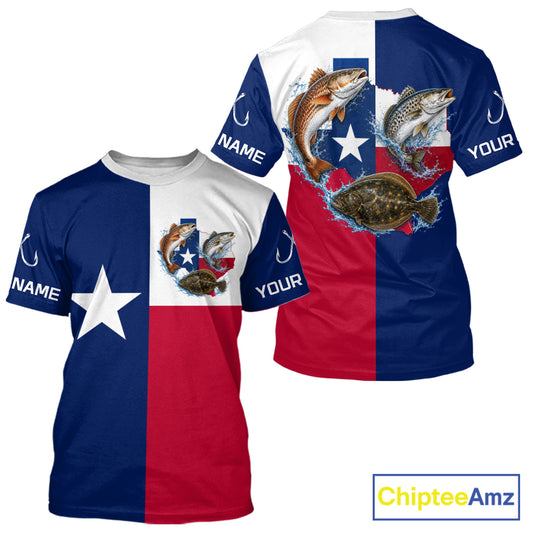 Texas Slam Short Sleeve Fishing T-Shirts With Redfish, Trout & Flounder Texas Saltwater Fishing Shirt For Men 