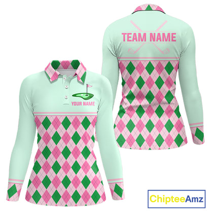 Pink Argyle Golf Polo Shirt Personalized Womens Golf Shirt Cute Preppy Golf Outfit Custom Name, Familly Team Shirts NHT691