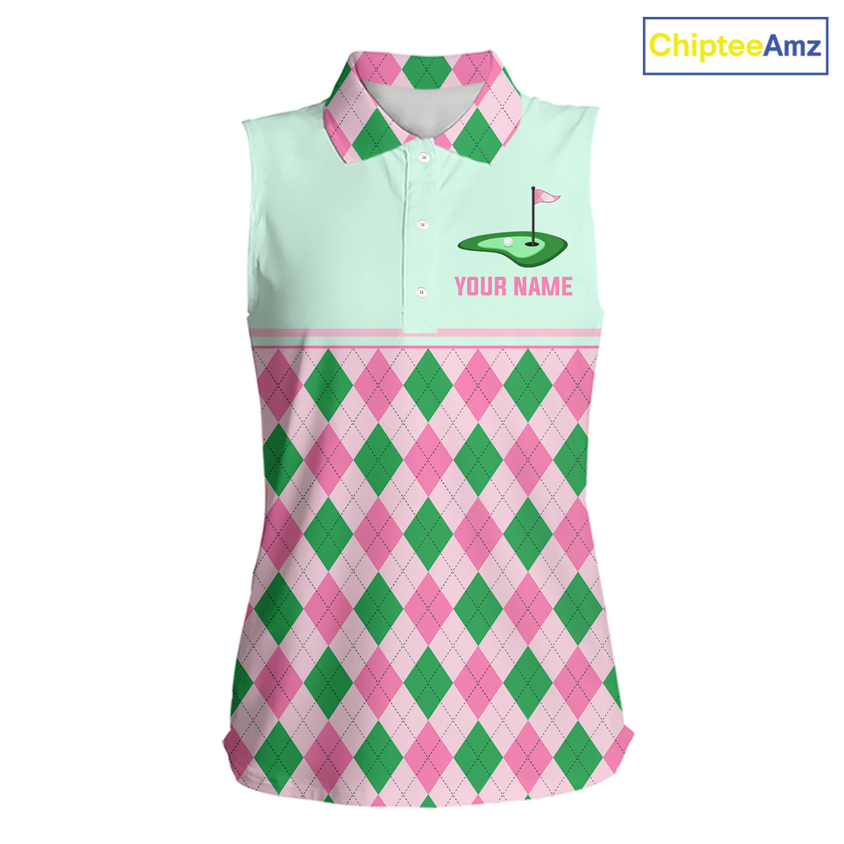 Pink Argyle Golf Polo Shirt Personalized Womens Sleeveless Golf Shirt Cute Preppy Golf Outfit Custom Name, Familly Team Shirts NHT691