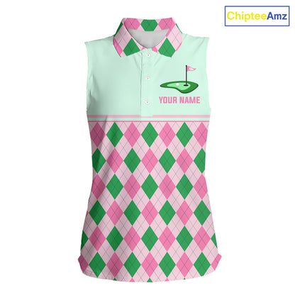 Pink Argyle Golf Polo Shirt Personalized Womens Sleeveless Golf Shirt Cute Preppy Golf Outfit Custom Name, Familly Team Shirts NHT691