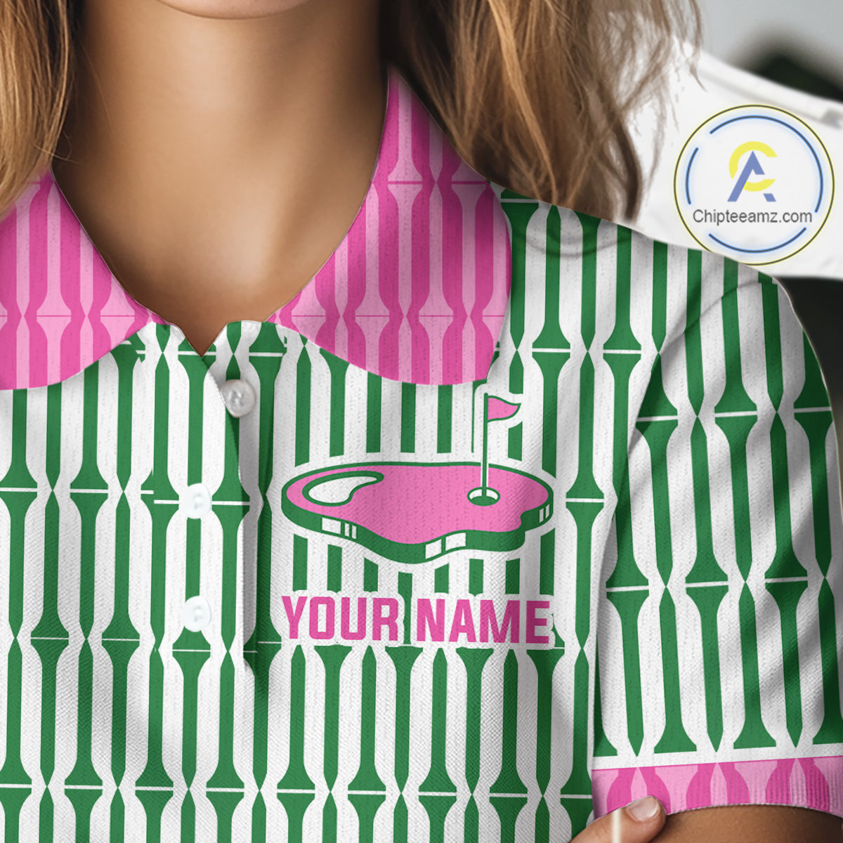 Funny Pink Green Geometric Womens Polo Golf Shirt, Retro Style Performance Golf Top For Family Team Shirt  NHT692