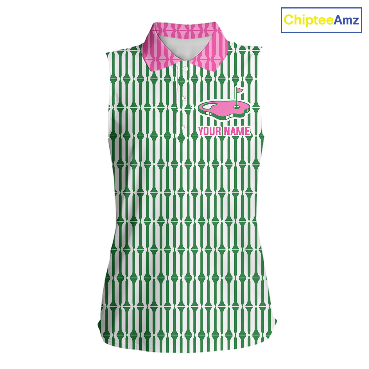 Funny Pink Green Geometric Womens Sleeveless Polo Golf Shirt, Retro Style Performance Golf Top For Family Team Shirt NHT692