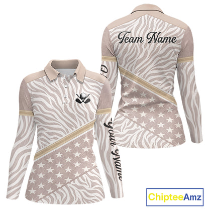 Custom Women's Golf Polo Shirt, Personalized Team Name Golf Jersey, Elegant Beige Zebra And Stars Pattern NHT694