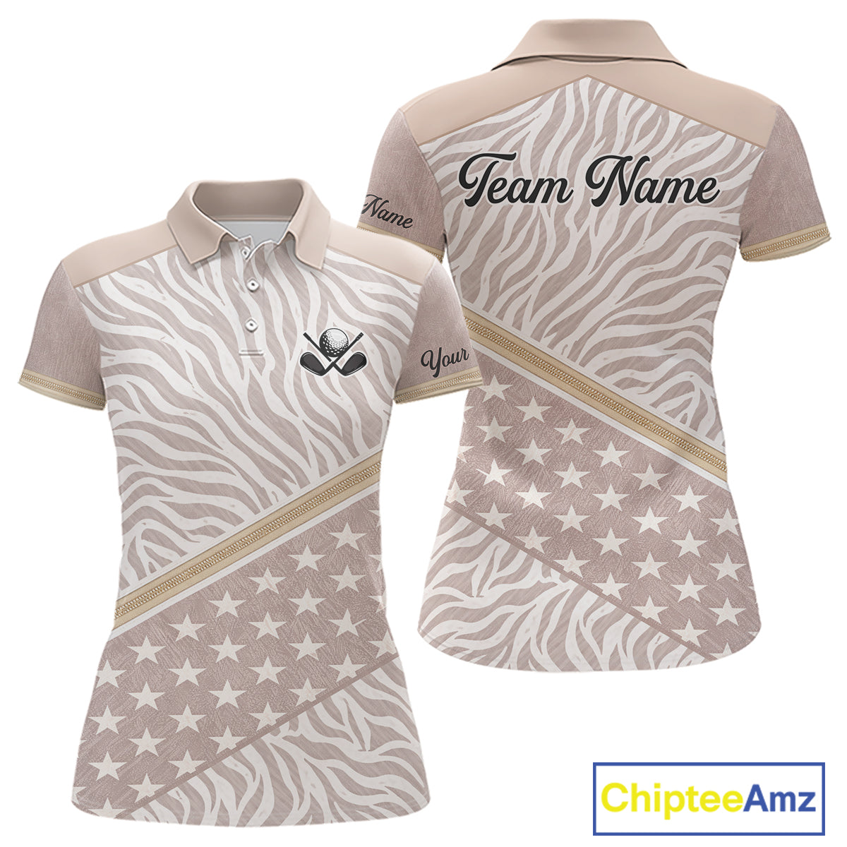 Custom Women's Golf Polo Shirt, Personalized Team Name Golf Jersey, Elegant Beige Zebra And Stars Pattern NHT694