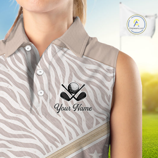 Custom Womens Sleeveless Golf Polo Shirt, Personalized Team Name Golf Jersey, Elegant Beige Zebra And Stars Pattern NHT694