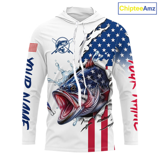 Bass Fishing Shirts Long Sleeve Hooded  With American Flag – USA Patriotic Angler Performance Shirt