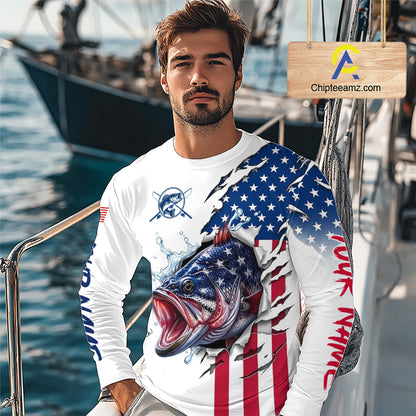 Bass Fishing Shirts Long Sleeve With American Flag – USA Patriotic Angler Performance Shirt