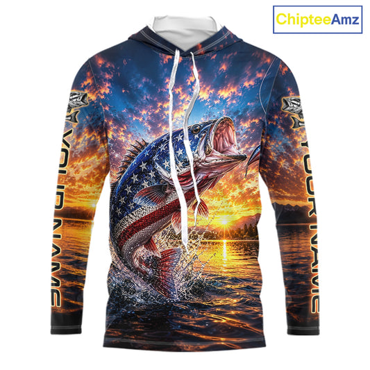 American Flag Bass Fishing Jersey – Patriotic Sunset Lake Angler Long Sleeve Hooded  For Men