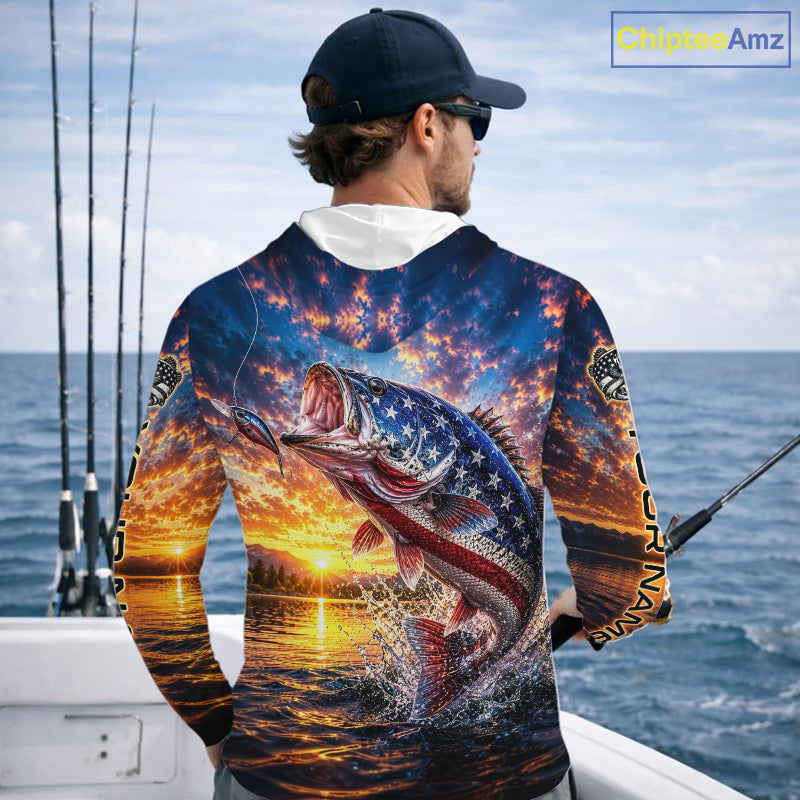 American Flag Bass Fishing Jersey – Patriotic Sunset Lake Angler Long Sleeve Hooded  For Men