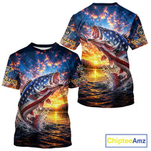 Load image into Gallery viewer, American Flag Bass Fishing Jersey – Patriotic Sunset Lake Angler T-Shirt For Men NHT1031