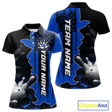 Load image into Gallery viewer, Women's custom bowling tournament polo shirt – blue personalized team bowling jersey close-up