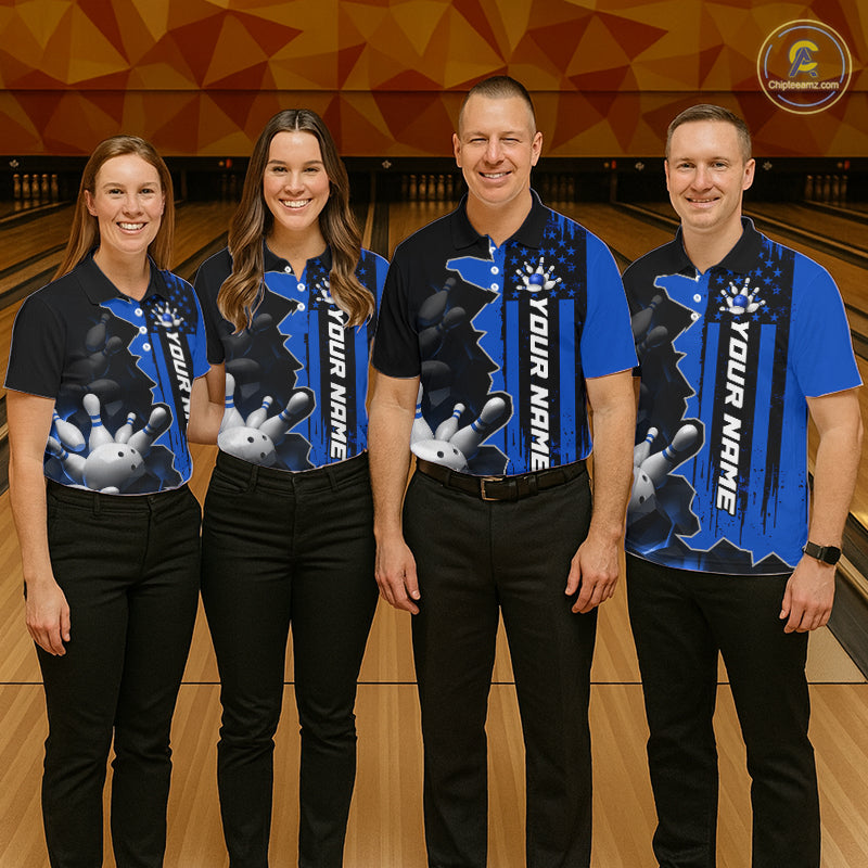 Men's Custom Bowling Tournament Polo Shirt & 1/4 Zip – Personalized Team Bowling Jersey| Blue NHT1196
