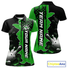 Load image into Gallery viewer, Women's custom bowling tournament polo shirt – green personalized team bowling jersey close-up