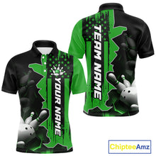 Load image into Gallery viewer, Men's custom bowling tournament polo shirt – green personalized team bowling jersey close-up