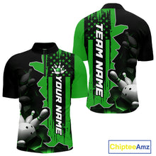 Load image into Gallery viewer, Men's green 1/4 zip bowling tournament shirt – lightweight breathable personalized team bowling jersey