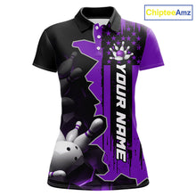 Load image into Gallery viewer, Women's custom bowling tournament polo shirt – personalized team bowling jersey purple front view