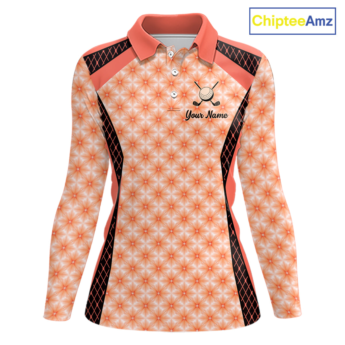 Custom Womens Coral Golf Polo, Personalized Geometric Pattern Golf Shirt With Name, Pink Golf Jersey NHT701