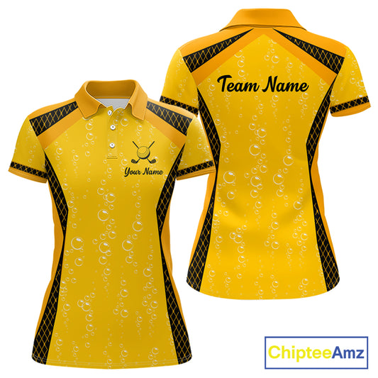 Custom Womens Beer Bubbles Golf Polo Shirt, Personalized Yellow Beer Themed Golf Jersey With Name, Gift For Golfer NHT703