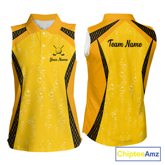 Custom Womens Sleeveless Beer Bubbles Golf Polo Shirt, Personalized Yellow Beer Themed Golf Jersey With Name, Gift For Golfer NHT703