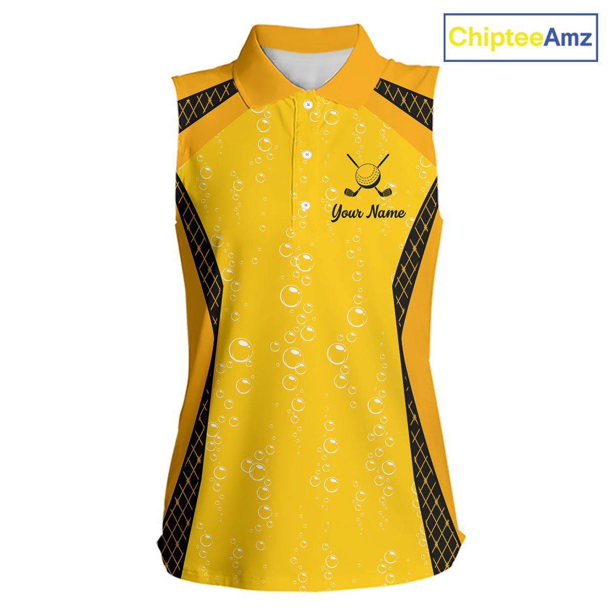 Custom Womens Sleeveless Beer Bubbles Golf Polo Shirt, Personalized Yellow Beer Themed Golf Jersey With Name, Gift For Golfer NHT703