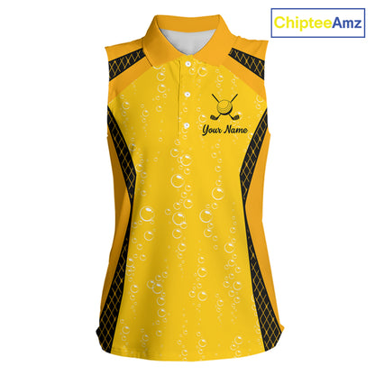 Custom Womens Sleeveless Beer Bubbles Golf Polo Shirt, Personalized Yellow Beer Themed Golf Jersey With Name, Gift For Golfer NHT703