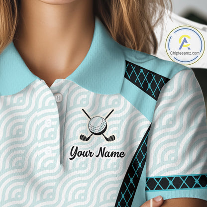 Personalized Aqua Sea Wave Golf Shirt With Name, Elegant Women's Sportswear, Stylish Womens Golf Jersey NHT704
