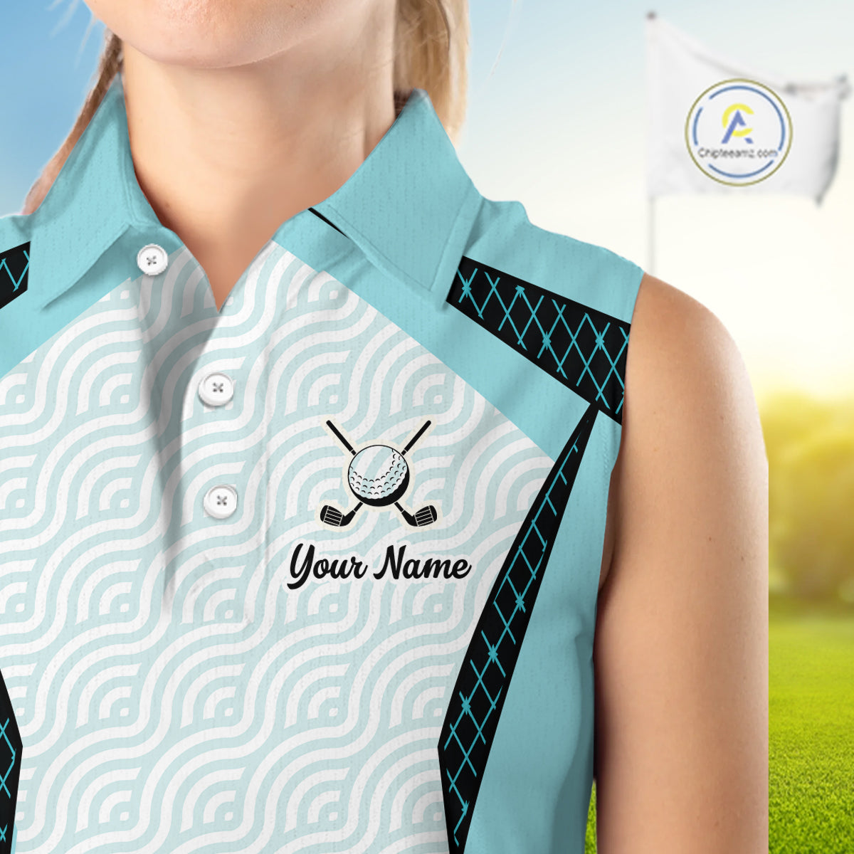 Personalized Aqua Sea Wave Golf Shirt With Name, Elegant Women's Sportswear, Stylish Womens Sleeveless Golf Jersey NHT704