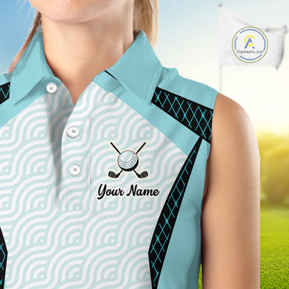 Personalized Aqua Sea Wave Golf Shirt With Name, Elegant Women's Sportswear, Stylish Womens Sleeveless Golf Jersey NHT704