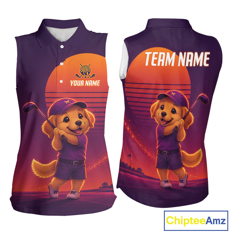 Personalized Golden Retriever Dog Golf Shirt - Retro Sunset Womens Sleeveless Golf Polo Shirt 