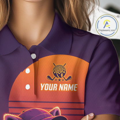 Personalized Raccoon Golf Shirt - Retro Sunset Womens Golf Polo Shirt