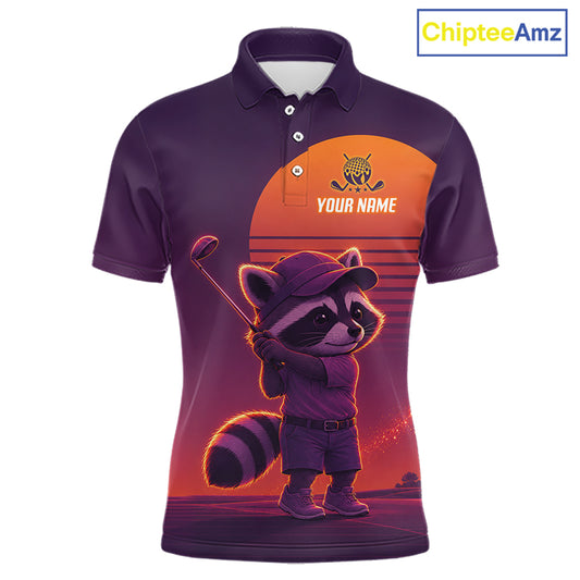 Personalized Raccoon Golf Shirt - Retro Sunset Golf Polo Shirt For Men