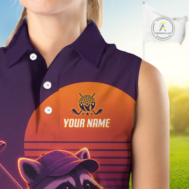 Personalized Raccoon Golf Shirt - Retro Sunset Womens Sleeveless Golf Polo Shirt 