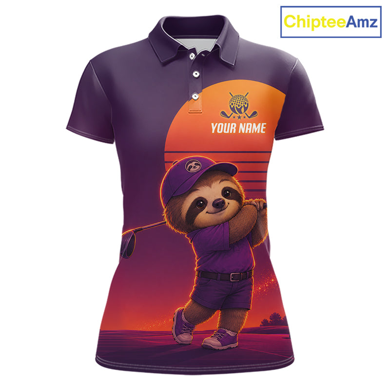 Personalized Sloth Golf Shirt - Retro Sunset Womens Golf Polo Shirt
