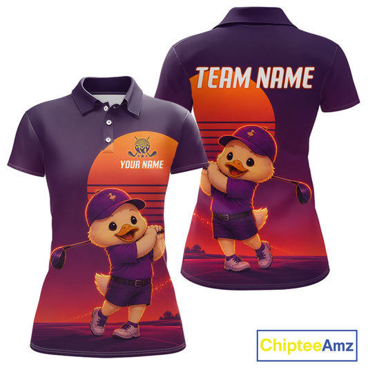 Personalized Duck Golf Shirt - Retro Sunset Womens Golf Polo Shirt