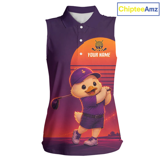 Personalized Duck Golf Shirt - Retro Sunset Womens Sleeeveless Golf Polo Shirt 