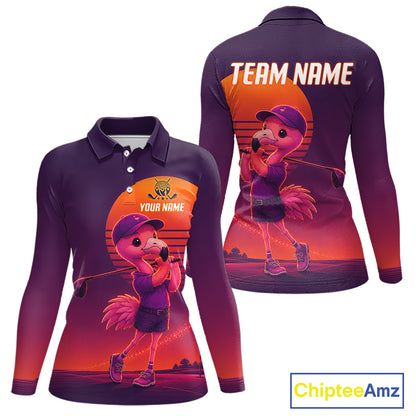 Personalized Flamingo Golf Shirt - Retro Sunset Womens Golf Polo Shirt