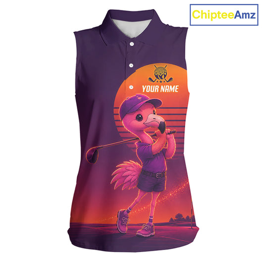 Personalized Flamingo Golf Shirt - Retro Sunset Womens Sleeeveless Golf Polo Shirt 