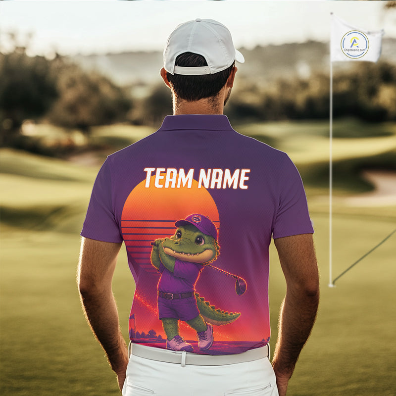 Person wearing a purple polo shirt with a cartoon alligator design on a golf course