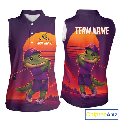 Personalized Alligator  Golf Shirt - Retro Sunset Womens Sleeeveless Golf Polo Shirt 