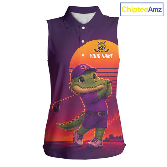 Personalized Alligator  Golf Shirt - Retro Sunset Womens Sleeeveless Golf Polo Shirt 