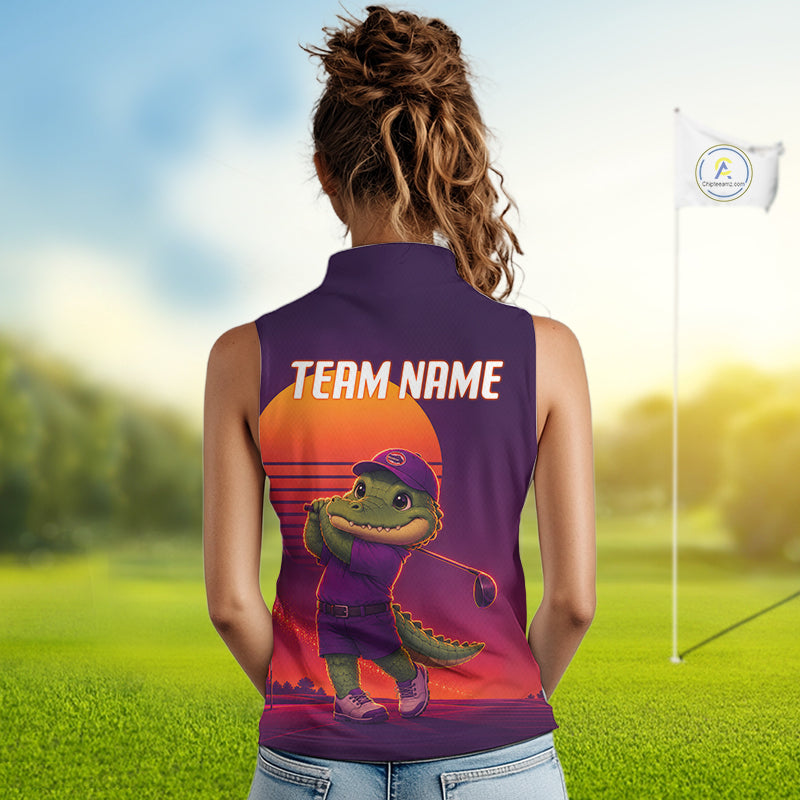 Personalized Alligator  Golf Shirt - Retro Sunset Womens Sleeeveless Golf Polo Shirt 
