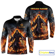 Load image into Gallery viewer, Custom disc golf polo shirt for men, death graphic 3D printed jersey, breathable polyester, side view.