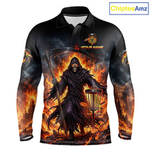Load image into Gallery viewer, Mens disc golf polo shirt with flaming grim reaper graphic, custom name and number, athletic fit.