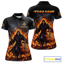 Load image into Gallery viewer, Personalized womens disc golf polo shirt, flaming grim reaper death graphic 3D printed jersey, front view.