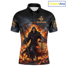 Load image into Gallery viewer, Personalized disc mens golf polo shirt, flaming grim reaper death graphic 3D printed jersey, front view.