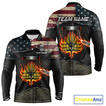 Load image into Gallery viewer, Mens disc golf polo shirt with USA flag design, custom name and number, athletic fit.