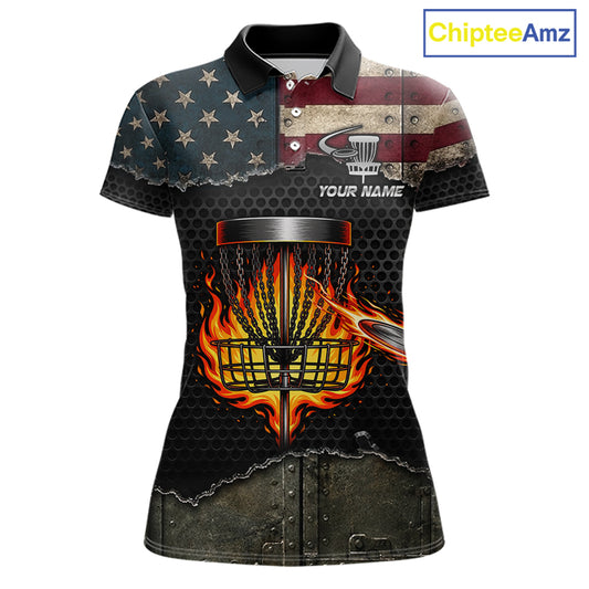 Custom name USA flag disc golf tournament shirt, women short sleeve polo, fire basket sports apparel front view.