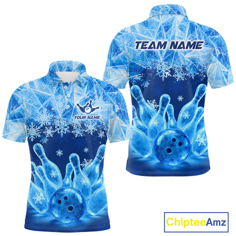 Blue Winter Bowling 1/4 Zip Polo Shirt Custom Name – Ice Bowling Ball Performance Jersey For Men NHT1341