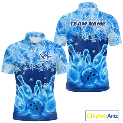 Blue Winter Bowling 1/4 Zip Polo Shirt Custom Name – Ice Bowling Ball Performance Jersey For Men NHT1341
